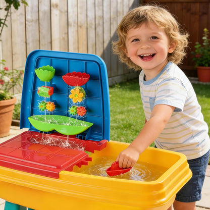 Kids Sand and Water Table, 2 in 1 Toddler Activity Table with Water Wheel & Sand Tools, Outdoor Indoor Sensory Play Sandbox Table for Toddlers, Summer Beach Water Toys for Boys Girls Age 3+