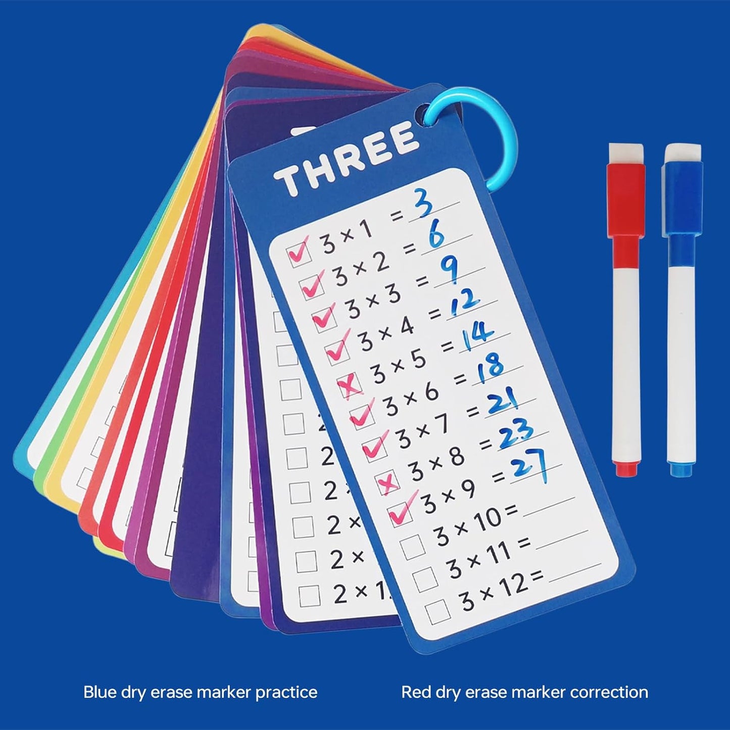 15-Piece Multiplication Flash Cards (0-12) with 2 Erasable Pens (Blue/Red) & 2 Binder Rings - Times Table Learning Set for Classroom or Home