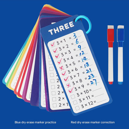 15-Piece Multiplication Flash Cards (0-12) with 2 Erasable Pens (Blue/Red) & 2 Binder Rings - Times Table Learning Set for Classroom or Home