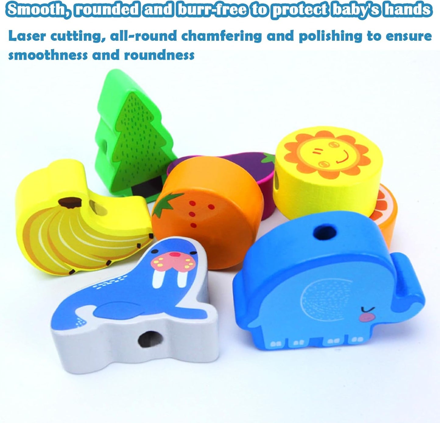 46 PCS Wooden Lacing Beads,Animals Fruits Threading Toys for Toddlers,Preschool Learning Lacing Toys,Montessori Educational Stringing Threading Beads Toys for Kids 3 4 5 6 Year Old Boys Girls