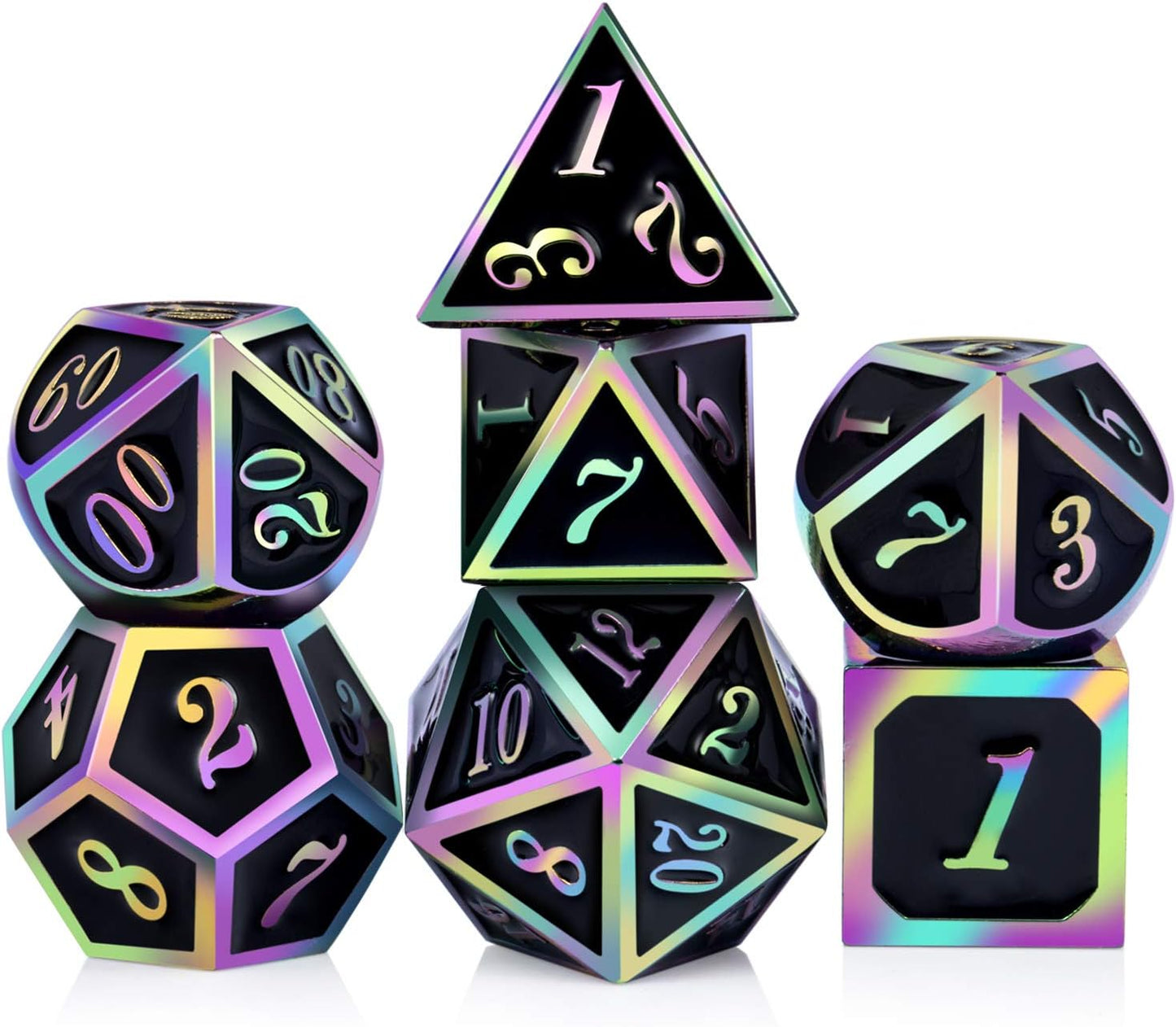 DnDnD Heavy Polyhedral Metal Dice Set with Metal Box, 7-die Shiny Blue Surface with Golden Number for RPG,Dungeons and Dragons,Pathfinder,Shadowrun,D&D,Role Palying Game and Math Teaching - Colors B