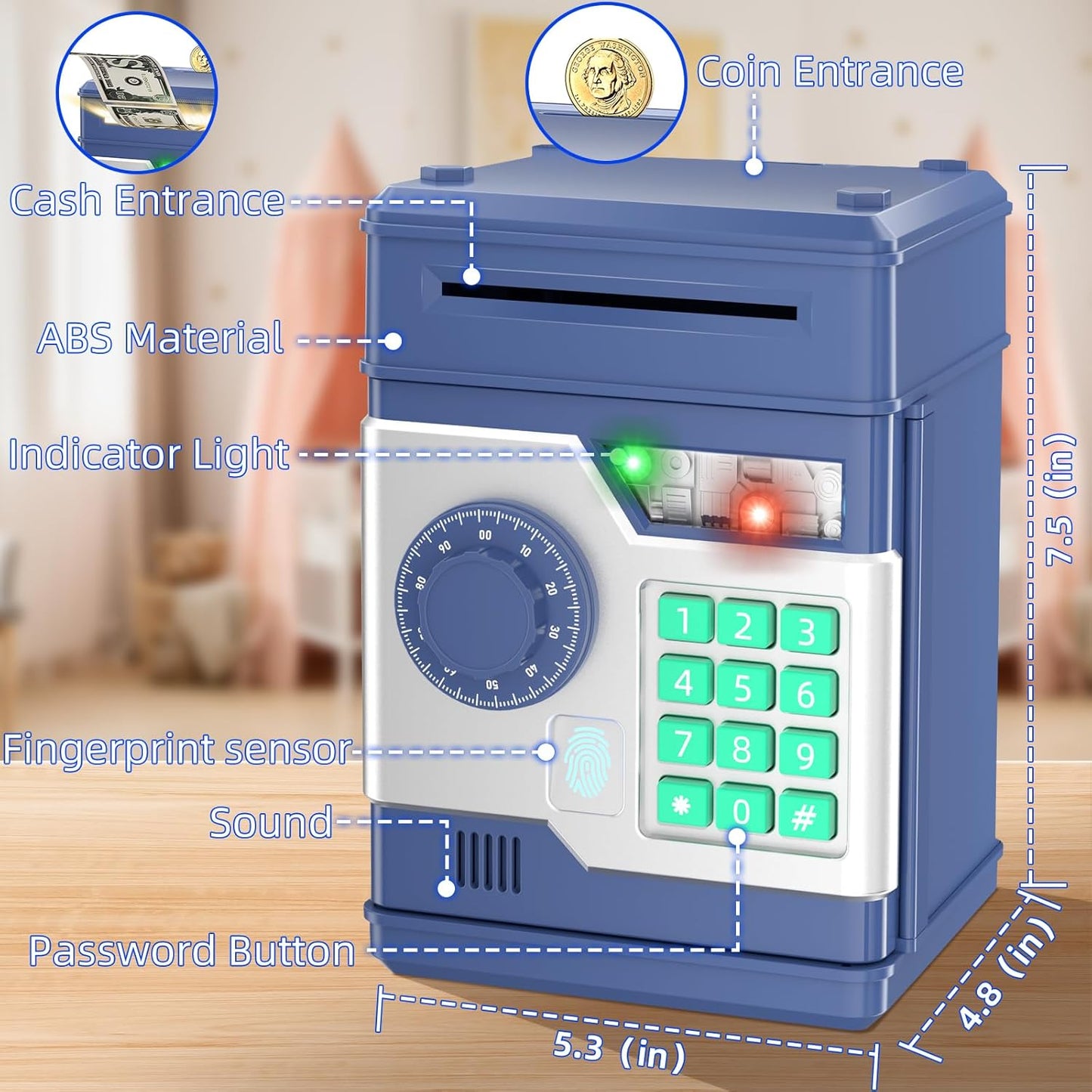 Piggy Bank, Automatic Electronic Piggy Bank for Kids Boys Girls with Password and Fingerprint Unlocking Simulation, Money Bank Kids Safe Toys for 3 4 5 6 7 8 9 10 Year Old Boy Girl (Black)