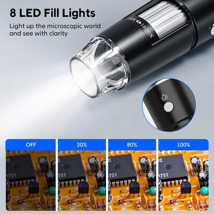 USB Digital Microscope, 50x-1600x Magnification Handheld, 1920P HD 8 LED Lights, Portable Pocket Microscope, Compatible with iOS and Android Devices, +2MP Magnifier Camera, No PC Support