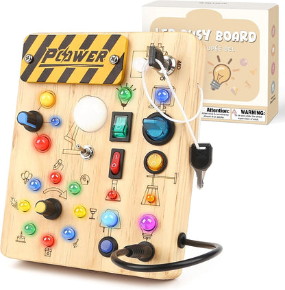 Sanlebi LED Busy Board for Toddlers 1-3,Montessori Toy with Key Switch, Light Up Wood Activity Sensory Board for Fine Motor Skills, Educational Travel Toy Gift for 1 2 3 Year Old Boys Girl