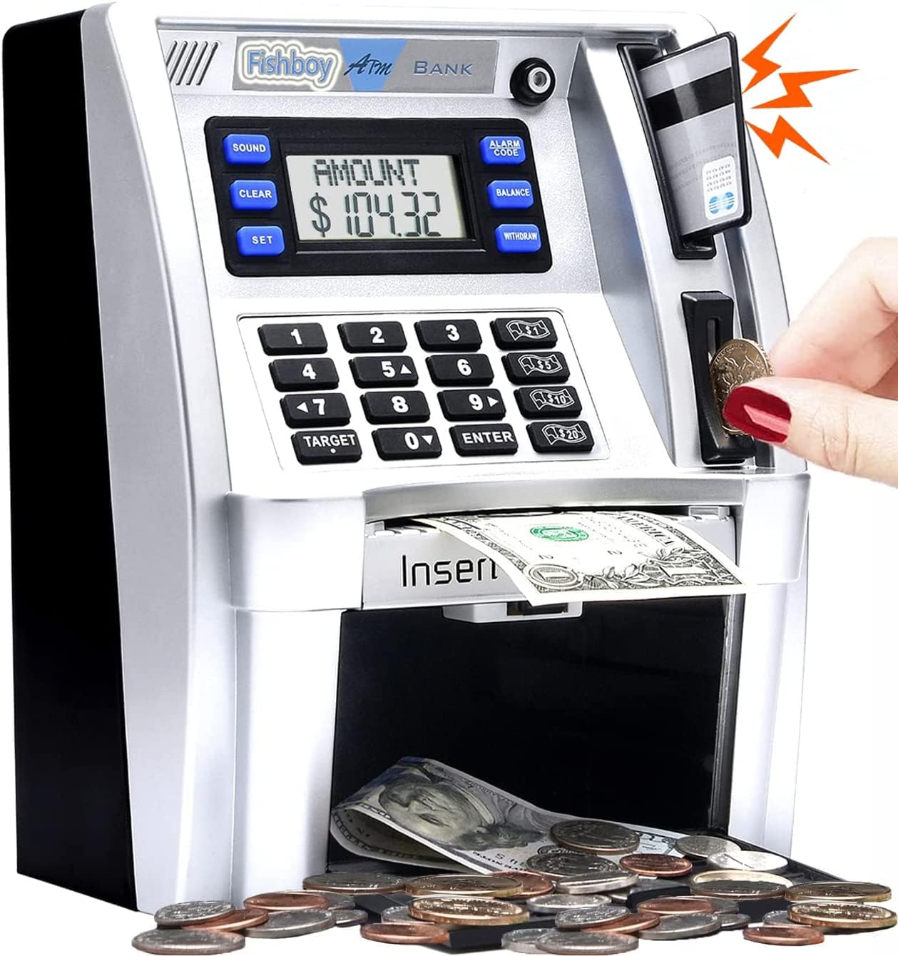 Fishboy Talking Pink ATM Piggy Bank for Kids with Dual Debit Cards, Power-Off Memory, Auto-Opening Drawer for Real Money for Girls, Onekey Shutdown, Bill Feeder, Coin Recognition, Balance Calculator