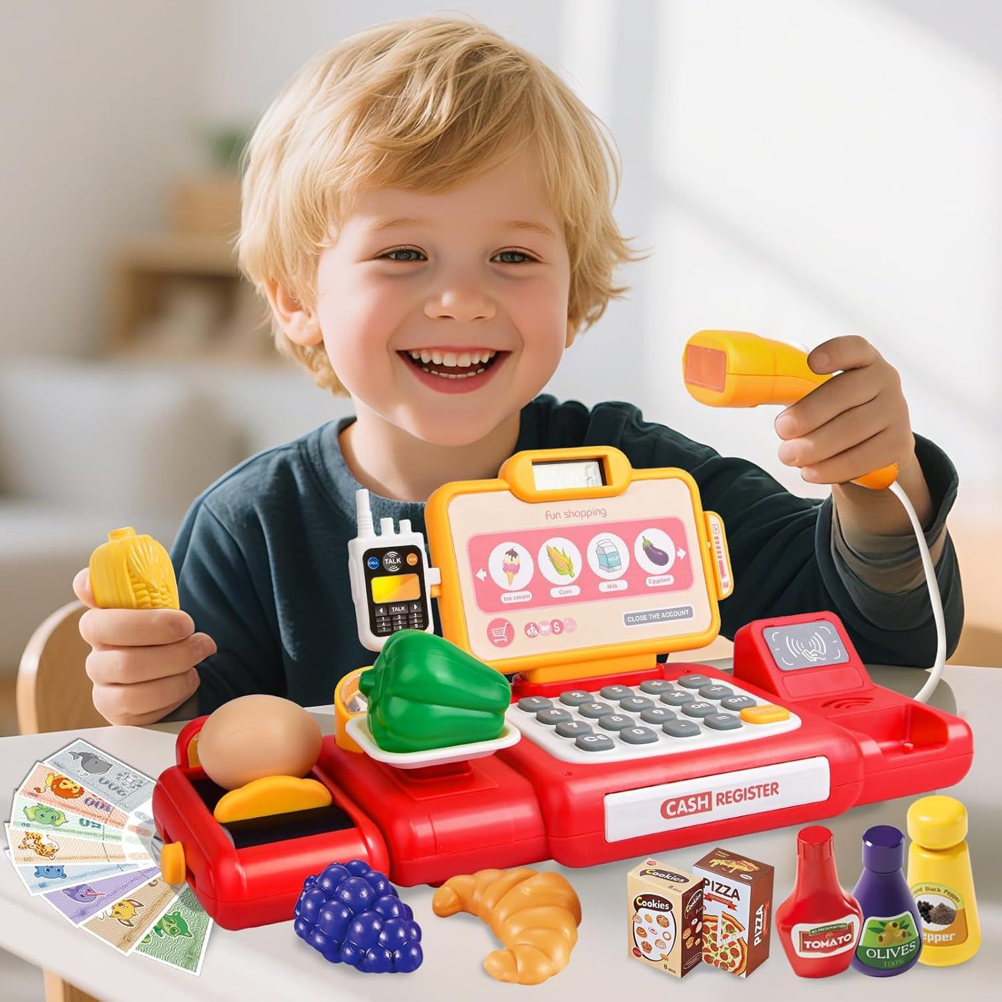 Cash Register Toy for Kids,Toddler Pretend Play Store with Real Calculator,Scanner,Play Food, Money & Credit Card,Supermarket Checkout Set, Math Skills Learning Toys,Birthday Gift for Boys Girls-Red
