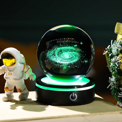 YWHL 3D Solar System Crystal Ball 80mm with Light Base, Laser Engraved Glass Planet Solar System Model Sphere Night Light Decor Space Universe Astronomy Gifts for Women Men Teens Boys and Girls