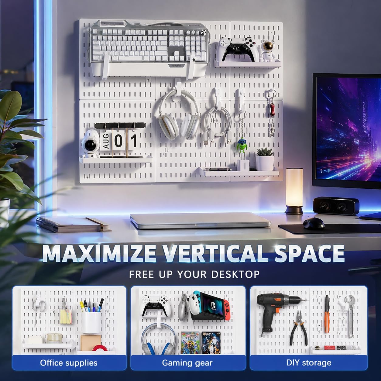 Pegboard Wall Organizer Kit – Heavy Duty 20lbs Load Bearing, Easy Installation, 4 Peg Board Panels 14 Accessories – Multi-Surface Use For Garage, Office, Kitchen & Crafts (White Pegboard,24″×24″)