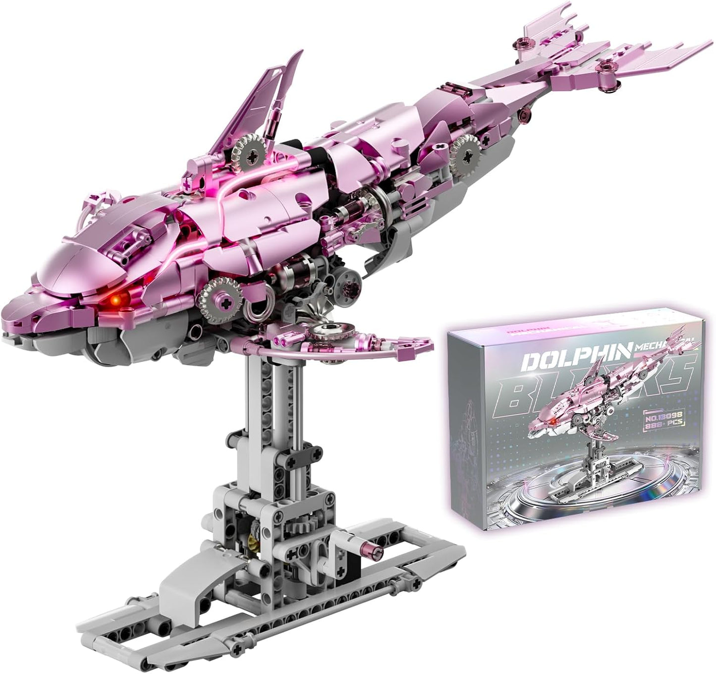 Mechanical Blue Dolphin Building Blocks Set Hand-Operated Motion, Detailed Gear Design, Display & Play Model Futuristic Ocean Animal Model