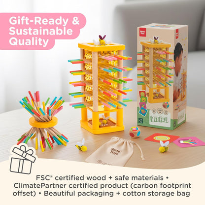 Nene Toys BeeFall Jumbo, 4-in-1 Wooden Honey Bee Toy for Kids Ages 3-9 - Educational Game with Wooden Honeybee Hive, 12 Bees, Colorful Sticks, Dice & Cards - Fun Family Game for Cognitive Development
