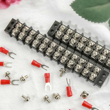 3sets 10 Position Terminal Strips， Dual Screw Terminals Block Strip with 16-14AWG Insulated Fork Wire Connectors for Electrical Wiring