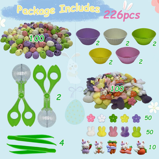 226pcs Easter Sensory Bin Filler Fine Motor Toys Spring Sensory Bin Items 100 Easter Foam Eggs 50 Felt Easter Flowers 50 Felt Bunny 10 Resin Rabbit Figurines for Easter Counting Sorting