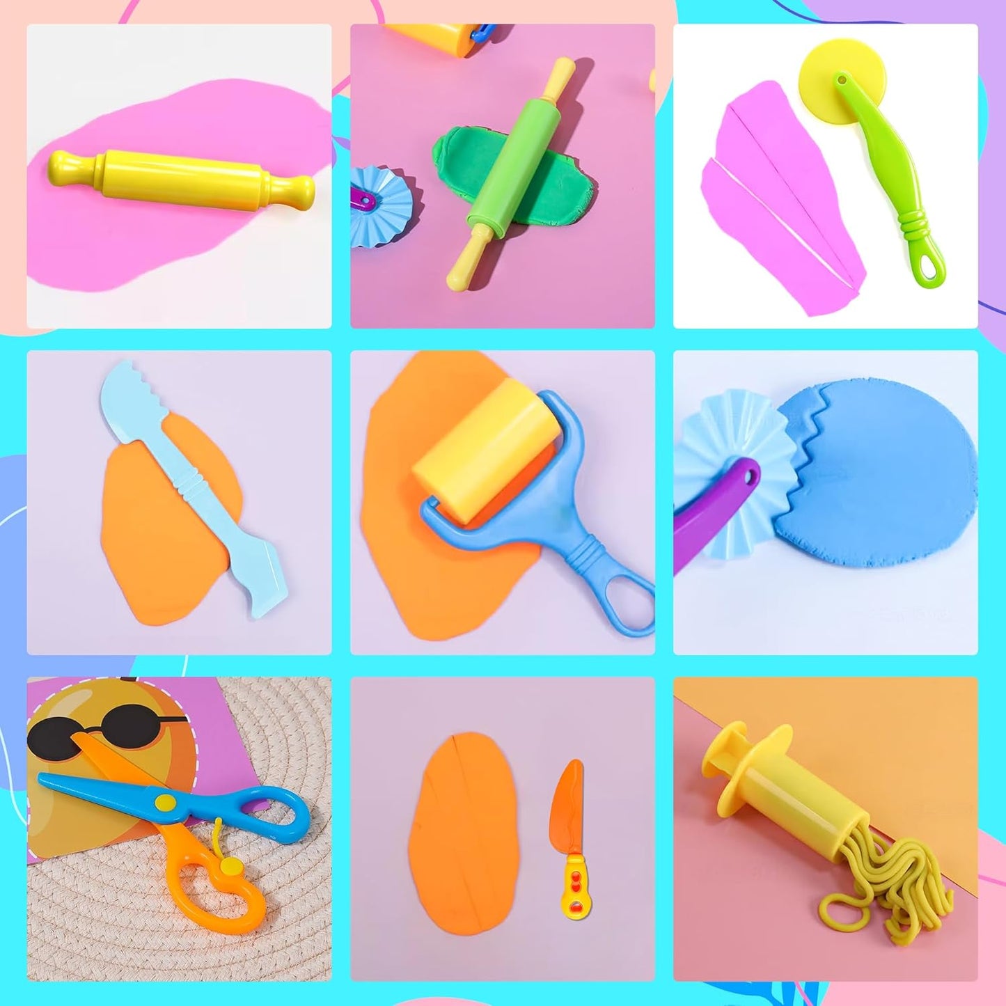 Kleeblatt Dough Tools Set for Kids - 19 Pcs Playdough Kit with 9 Basic Dough Tools, 9 Double-Headed Clay Carving Tools & Cleaning Brush, Safe for Toddlers Ages 2-8, for Clay/Plasticine/Sand