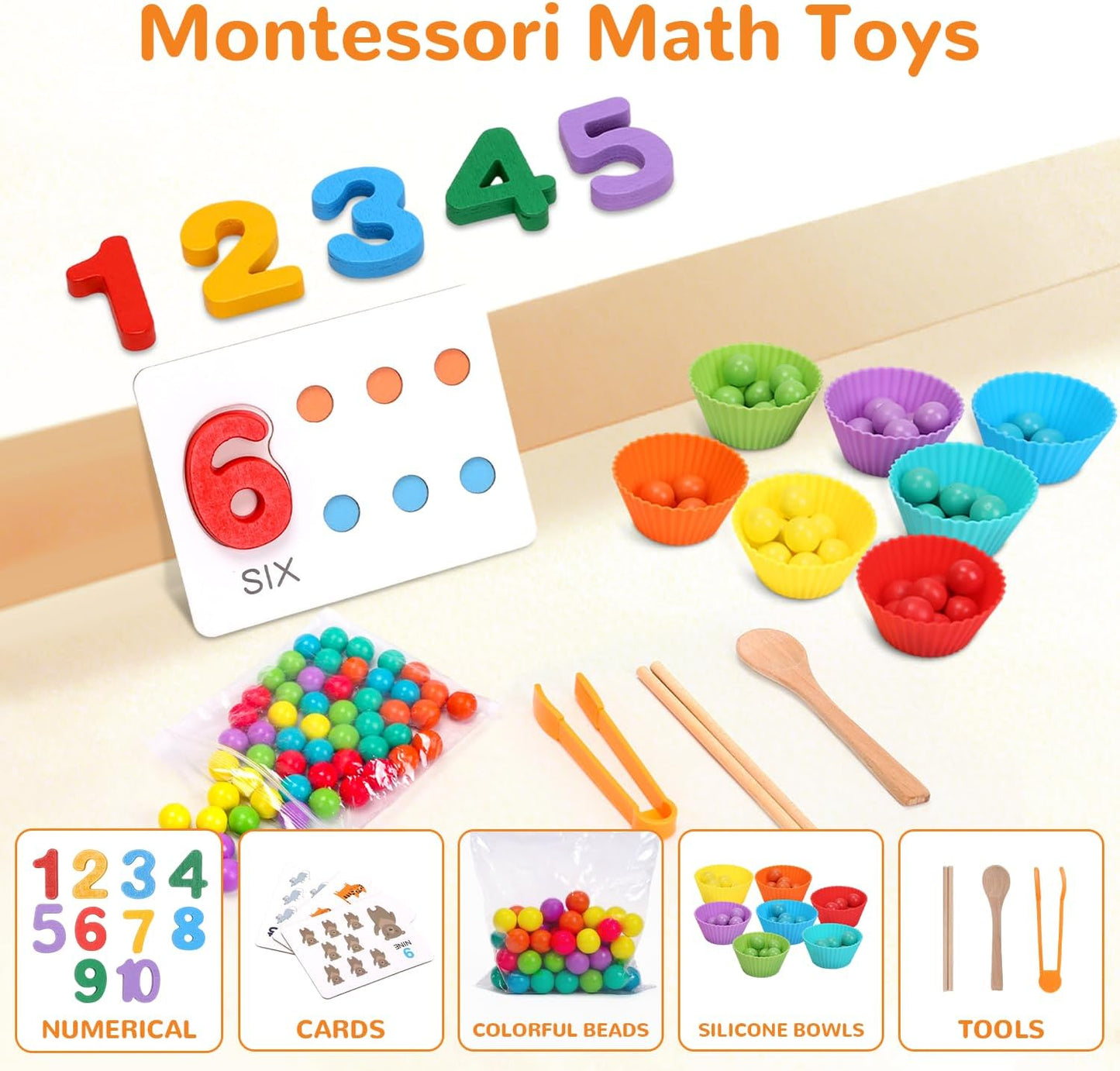 Wooden Peg Board Bead Game, Montessori Arithmetic Math Toy Set with Beads, Chopsticks & Spoons, Children's Preschool Fine Motor Toys for 3 4 5 Years Old