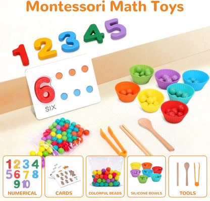 Wooden Peg Board Bead Game, Montessori Arithmetic Math Toy Set with Beads, Chopsticks & Spoons, Children's Preschool Fine Motor Toys for 3 4 5 Years Old