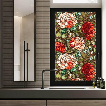 JOONOR Privacy Window Film Stained Glass Window Sticker Non-Adhesive Frosted Glass Film Decorative Magnolia Flower Pattern Static Cling Decals for Home UV Blocking/Heat Insulation 17.7 x 39.4 Inch