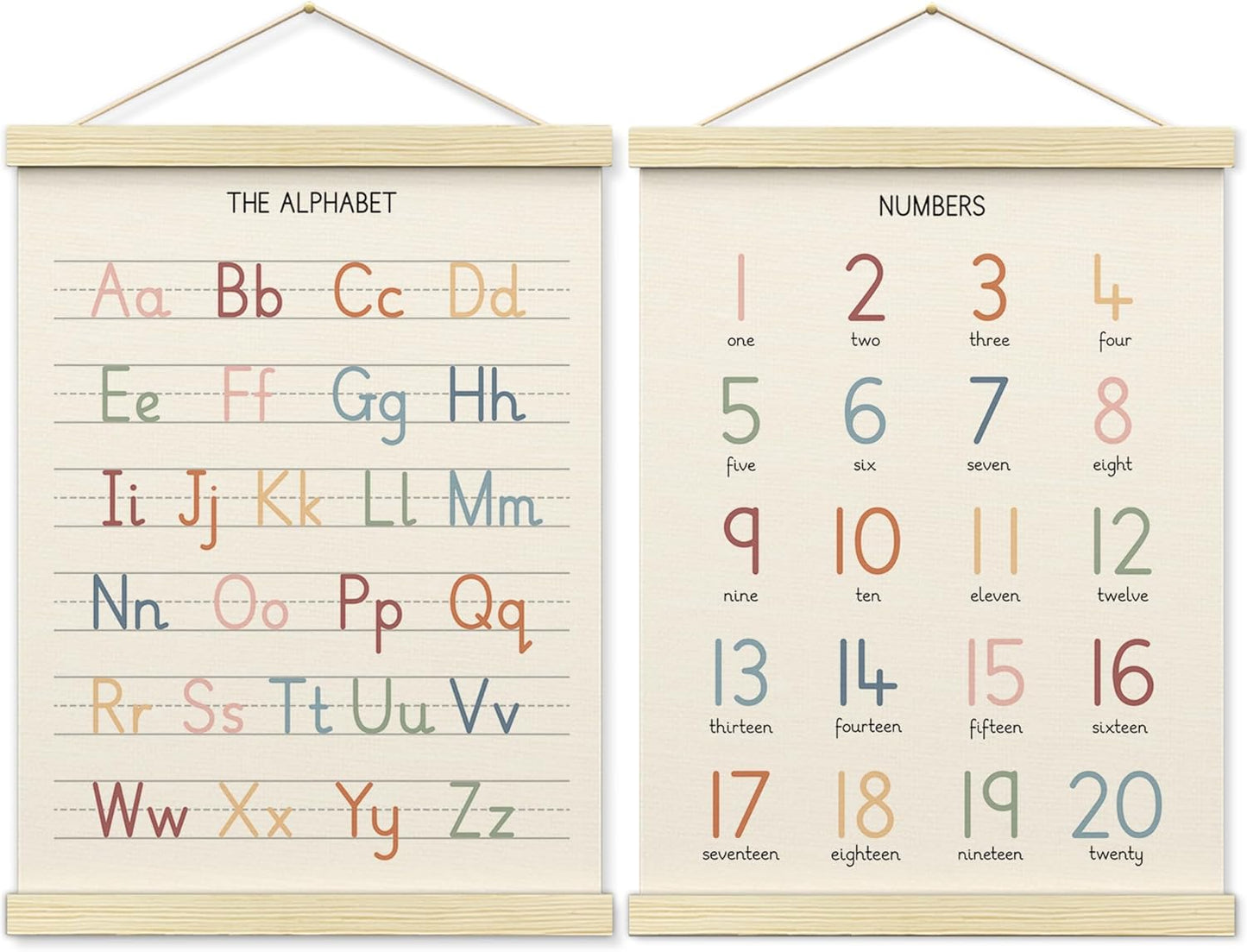 BONETAT Numbers alphabet poster for Nursery Toddlers, Play Room Wall Decor, ABC Wall Chart, Wall Hanging Decor for Toddler Playroom Decor Kids Wall Decor, Wooden Alphabet Banner-A02