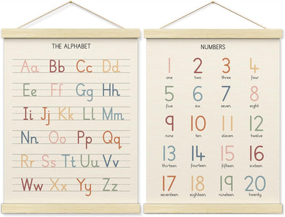 BONETAT Numbers alphabet poster for Nursery Toddlers, Play Room Wall Decor, ABC Wall Chart, Wall Hanging Decor for Toddler Playroom Decor Kids Wall Decor, Wooden Alphabet Banner-A02
