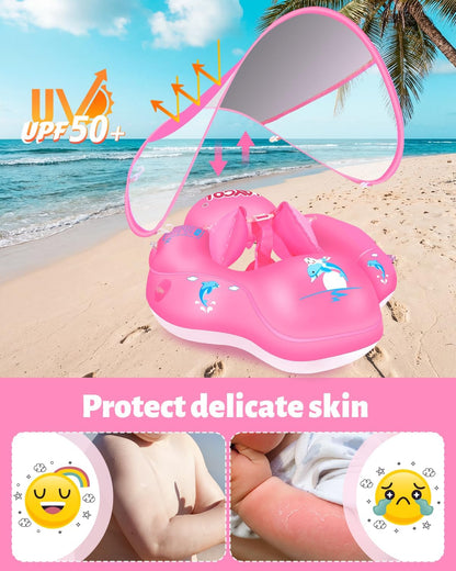 LAYCOL Baby Pool Float with Canopy UPF50+, 5 Point Safety Buckle No Flip Over, Inflatable Toddler Floaties Infant Pool Floats with Double Air Chambers, Baby Beach Essentials/Traval for 3-36M