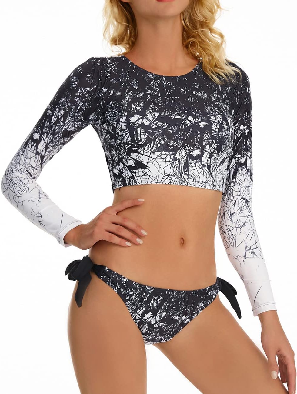 JadeRich Women's Fashion Pattern Long Sleeve Tankini Sets UPF 50+ Rash Guard Swimsuit Sun Block Swimwear