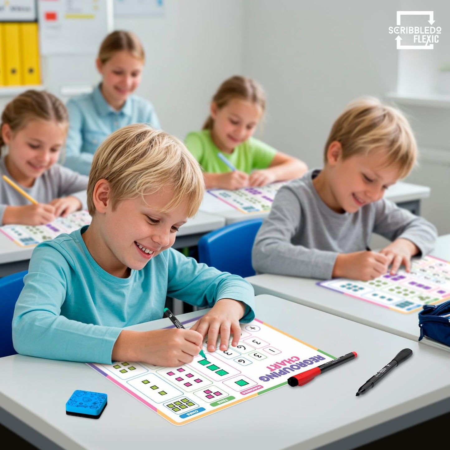 Scribbledo Place Value Chart & Regrouping Dry Erase Sheets Base Ten, Addition & Subtraction Math Practice for Kids, Classroom Supplies, Double Sided 10 Pack