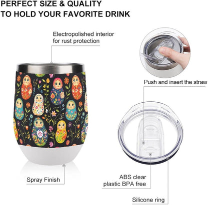Russian Nesting Dolls Flowers Insulated Cups & Mugs 12 Oz Double-Wall Coffee Cup with Lids Drinks Tumbler for Women Men