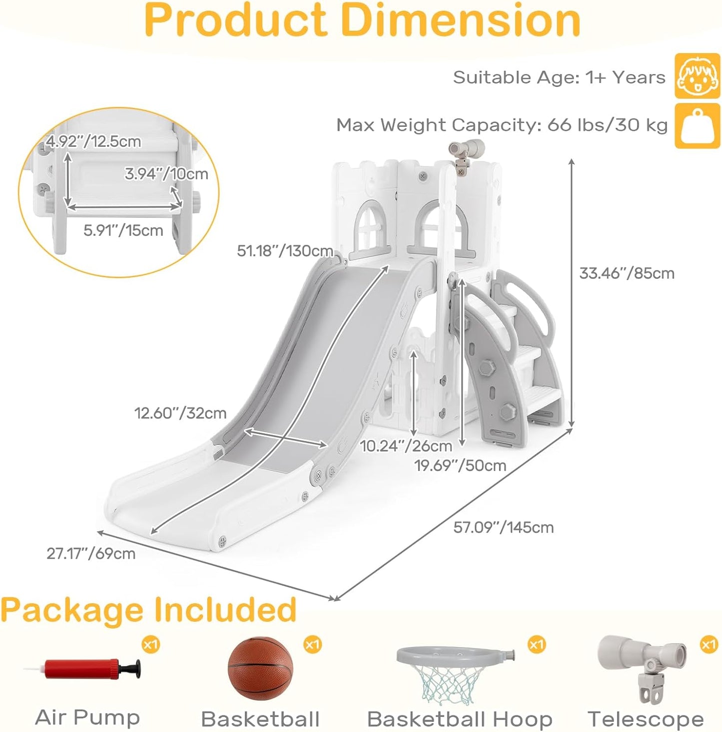 OLAKIDS Toddler Slide and Swing Set, 7 in 1 Kids Indoor Outdoor Playground with Climber Basketball Hoop Telescope Toy Storage for Boys Girls Aged 1+ (Grey)