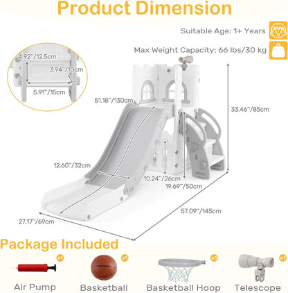 OLAKIDS Toddler Slide and Swing Set, 7 in 1 Kids Indoor Outdoor Playground with Climber Basketball Hoop Telescope Toy Storage for Boys Girls Aged 1+ (Grey)
