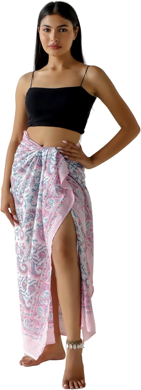 100% Cotton Sarong Cover Up for Women Indian Block Print Beach Wrap Skirt Long Boho Swimsuit Bikini Pareo (73” x 43”)