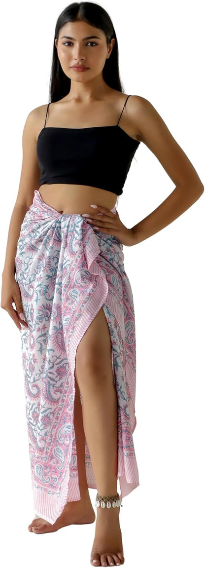 100% Cotton Sarong Cover Up for Women Indian Block Print Beach Wrap Skirt Long Boho Swimsuit Bikini Pareo (73” x 43”)