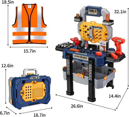 Jovow Kids Tool Bench with Realistic Tools and Electric Drill, Suitable for 3-5 Year Olds to Build Their Own Toy Workbench, 79 Pcs Realistic Toy Tools with Clothes, 32 x 26.6 x 14.4 in-Blue
