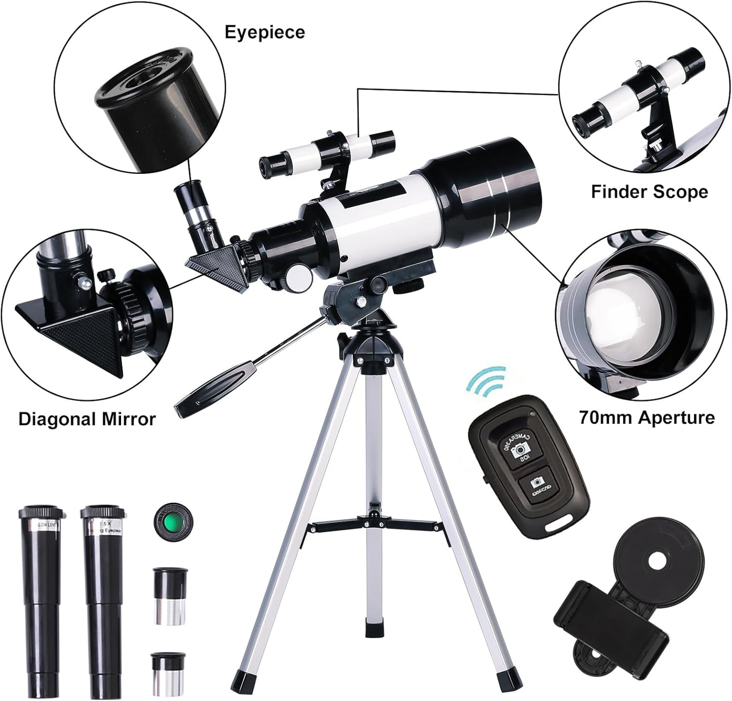 Telescope for Adults & Kids, 70mm Aperture Refractor (15X-150X) Portable Travel Telescope with Phone Adapter & Wireless Remote, Astronomy Beginners Gifts, Black