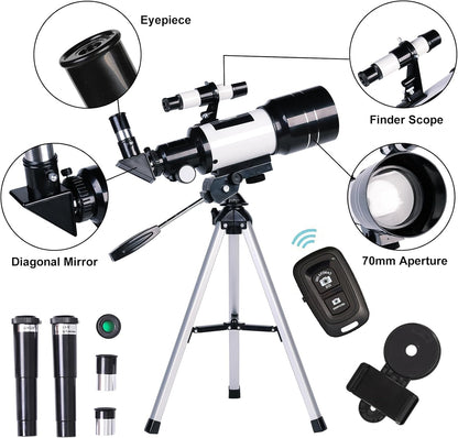 Telescope for Adults & Kids, 70mm Aperture Refractor (15X-150X) Portable Travel Telescope with Phone Adapter & Wireless Remote, Astronomy Beginners Gifts, Black