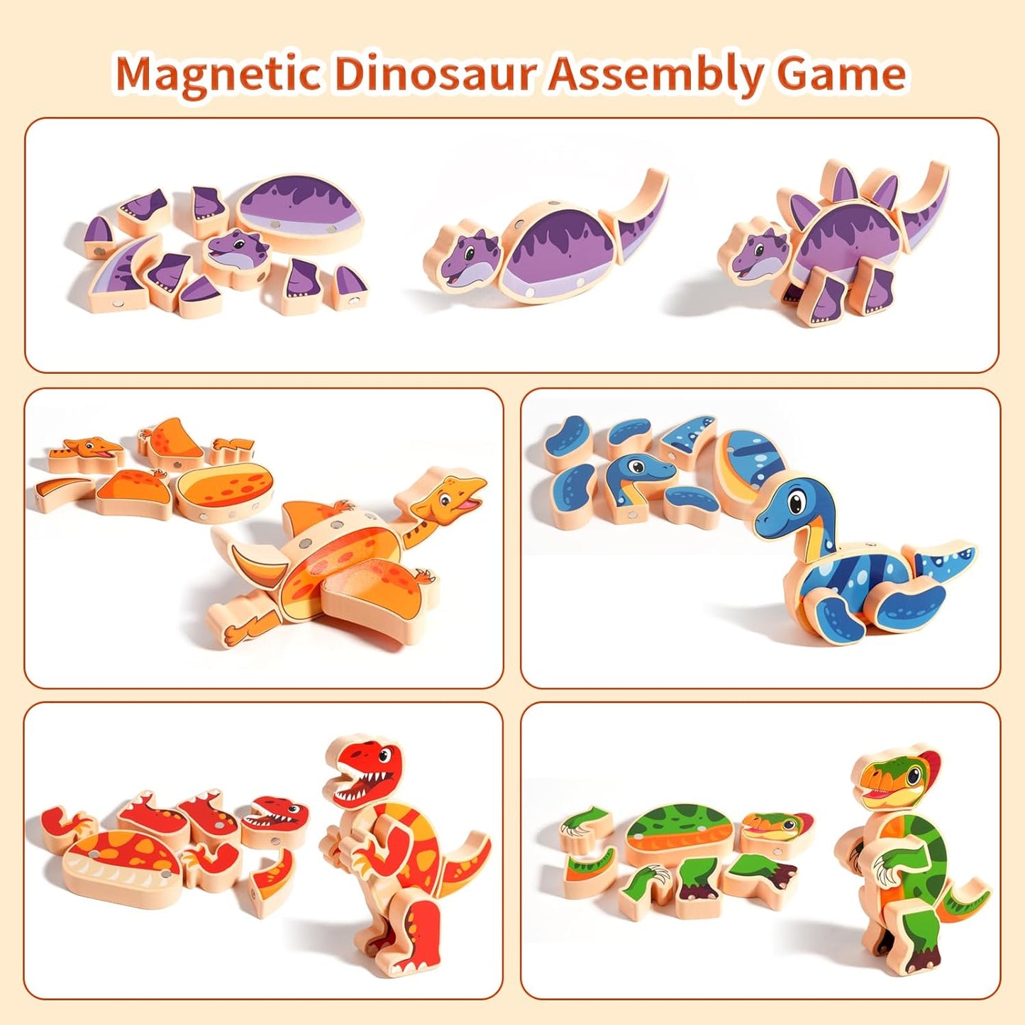 INIFEIDALA Magnetic Wooden Dinosaur Building Blocks,Take Apart STEM Montessori Educational Toy,Fine Motor Skills Development Ages 3-6,Hand-Eye Coordination