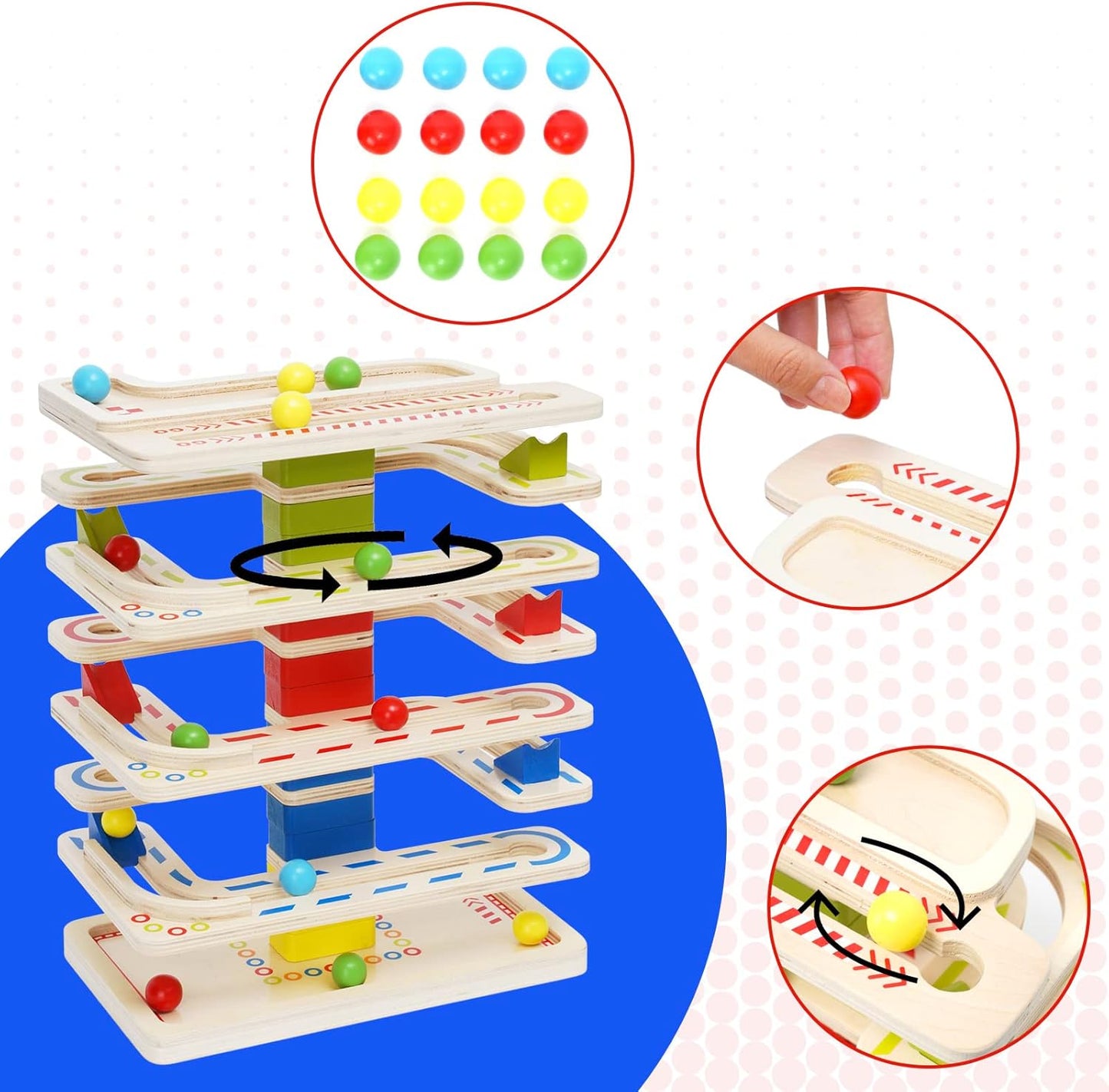 Wooden Marbles Run Ball Drop Toys 8-Tier Rolling Tower Toys with 16 Balls Ramp Whirling Game Ball Tower Educational Learning Toys for Gifts 3 4 5 6 7 8 Years Toddler Boys Girls
