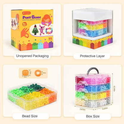 Dowsabel 4800PCS Pony Beads Bulk, 24 Colors Kandi Beads 6x9mm Large Hole for Friendship Bracelets, Jewelry Making, Hair Braiding, DIY Art Craft Gifts - Shockproof Protective Gift Packaging