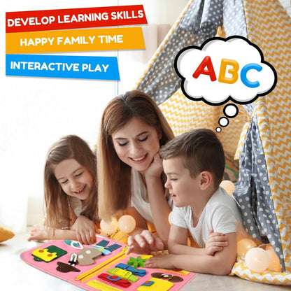 Qizfun Montessori Busy Board & Busy Book for Toddlers – Sensory & Learning Toy That Keeps Kids Busy, Travel Toy for Airplane & Car, Screen for Boys & Girls (Blue/P4)