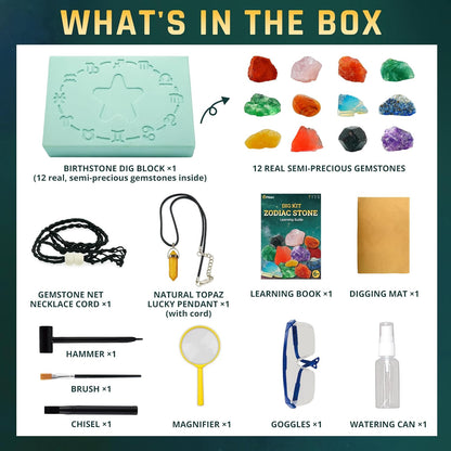 PIBEX Birthstone Dig Kit, Excavate 12 Real Gems & Crystals, DIY Gemstone Necklace & Bonus Pendant, STEM Educational Gemology Toy, Rock Geology Gifts for Boys & Girls 6-12
