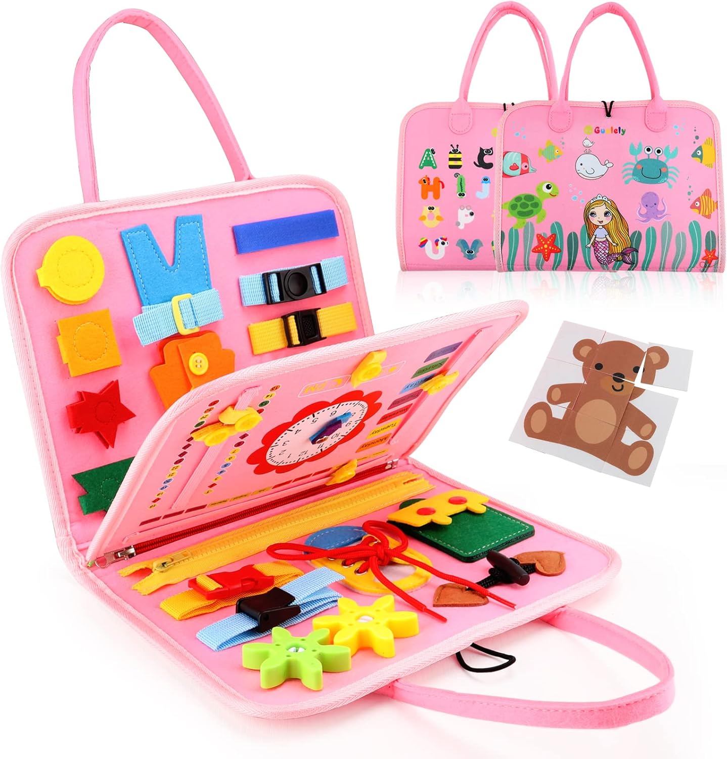 Guolely Busy Board Montessori Toy for 3-6 Year Old Toddlers - Educational Activity Developing Sensory Board for Fine Basic Dress Motor Skills - Travel Toys for Plane Car, Gift for Boys Girls