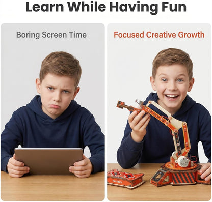 STEM Robotic Arm Kit for Kids 8+, RC Robot Building Kit, Mechanical Grabber Toy with 360° Rotation, Wooden Engineering Set