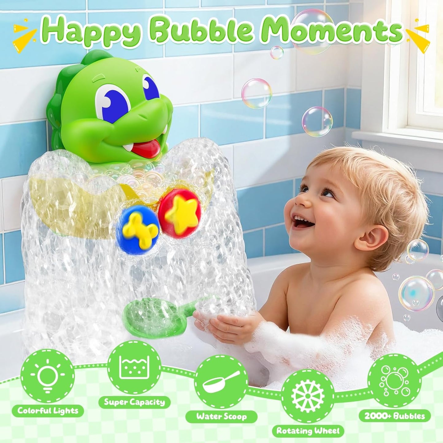 Dinosaur Baby Bath Toys for 1 2 3 Year Old Boys, Dino Bath Bubble Machine with Rainbow Lights & Water Scoop,Fun Toddler Toys Baby Shower Bathtub Toys Birthday Easter Gifts for Kids Age 1-3 Year Old