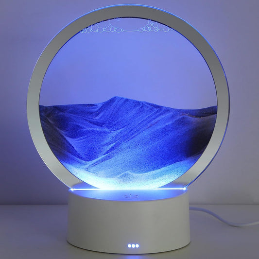 Moving Sand Art Liquid Motion, 3D Deep Sea Sandscape Color Quicksand Decor, Round Glass Moving Sand Art Picture Relaxing Desktop Home Office Work Decor (Blue, 7 inch)