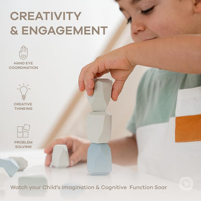 Comfy Cubs Stacking Rocks 36 Pieces, 36 Months+, Educational Toddler Stacking Blocks, Promotes Imagination, Balance & Fine Motor Skills - Wooden Rocks Sensory Toys Gift for Kid, Neutral Pack