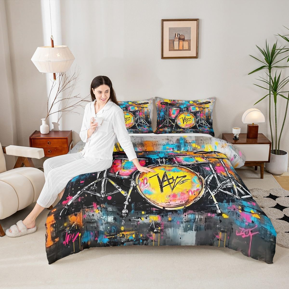 Erosebridal Drum Kit 3D Print Kids Comforter Sets Rock Music Themed Full Bedding Set for Boys Girls Musical Pattern Comforter Set,Colorful Retro Style Quilt Duvet 3 Pcs
