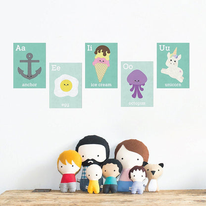 Children Inspire Design Baby Room Decor 16x20 Inch Print, Display Kids Artwork, Cute Room Decor, Vowels Wall Cards, Educational Flash Cards, Mint Green Decor Nursery