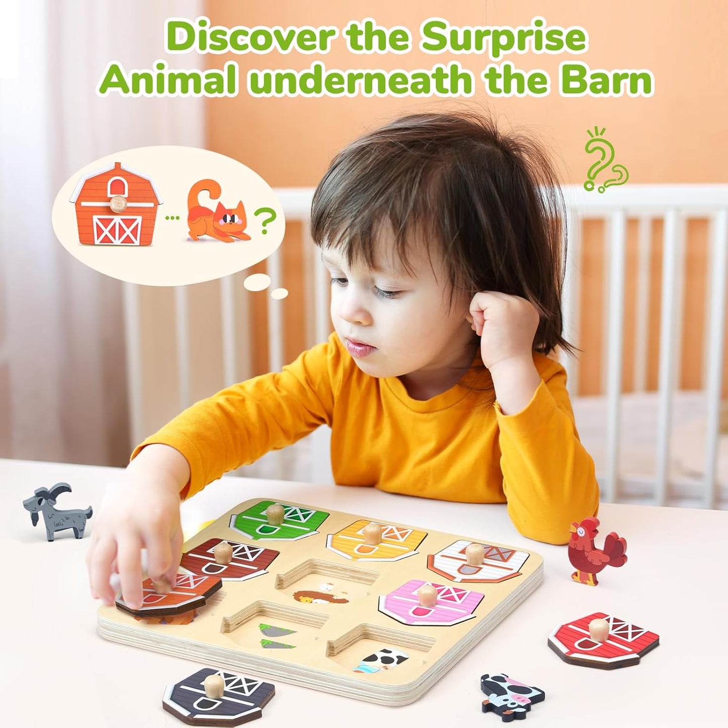 JoyCat Wooden Puzzles for Toddlers 1-3, Montessori Toys for 1 2 Year Old Boy Girl Birthday, Animal Match Farm Peg Puzzles, Preschool Learning Toys for Toddlers Age 1-2