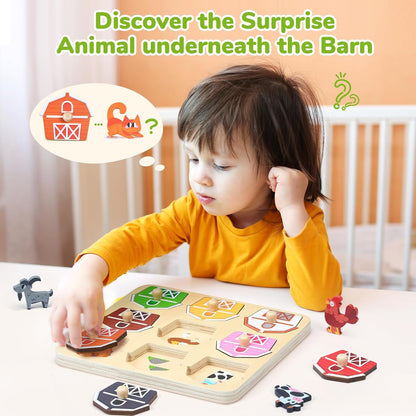 JoyCat Wooden Puzzles for Toddlers 1-3, Montessori Toys for 1 2 Year Old Boy Girl Birthday, Animal Match Farm Peg Puzzles, Preschool Learning Toys for Toddlers Age 1-2