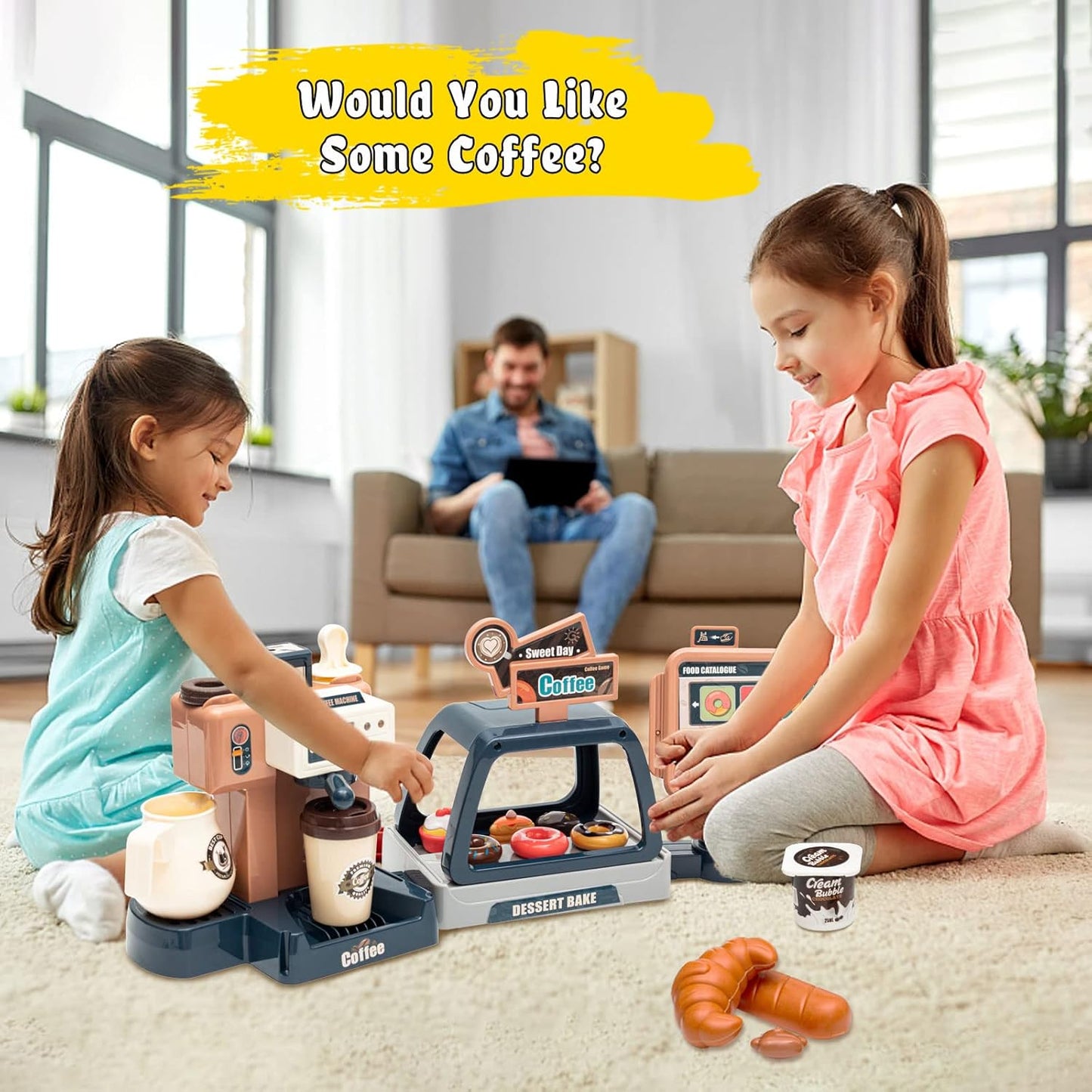 Pretend Play Coffee Shop Playset 41 PCS with Coffee Maker Machine, Sound Cash Register and Dessert Bakery Realistic Role Play Toy with Play Money, Donuts Cakes for Kids Birthday Party Fun