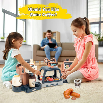 Pretend Play Coffee Shop Playset 41 PCS with Coffee Maker Machine, Sound Cash Register and Dessert Bakery Realistic Role Play Toy with Play Money, Donuts Cakes for Kids Birthday Party Fun