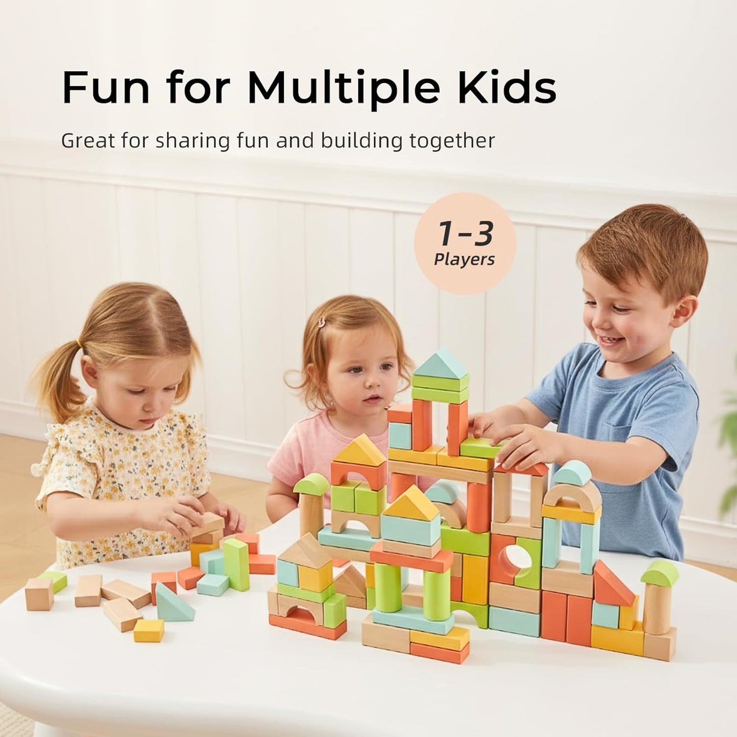 100pcs Natural Beech Wooden Building Blocks for Toddlers 1-3, Wooden Blocks for Baby Shower with Storage Bucket, Montessori Toys for Preschool Girls and Boys